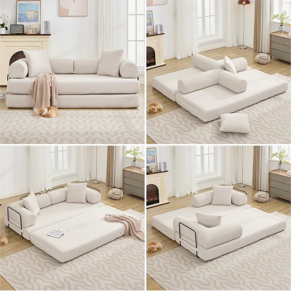 Muumblus 78" Corduroy Loveseat Cloud Sofa , Queen Size Convertible Slpper Couch Bed for Living Room, Beige