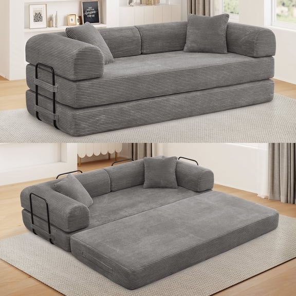 Muumblus 78" Corduroy Loveseat Cloud Sofa , Queen Size Convertible Slpper Couch Bed for Living Room, Gray