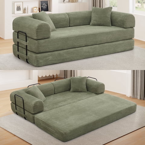 Muumblus 78" Corduroy Loveseat Cloud Sofa , Queen Size Convertible Slpper Couch Bed for Living Room, Green
