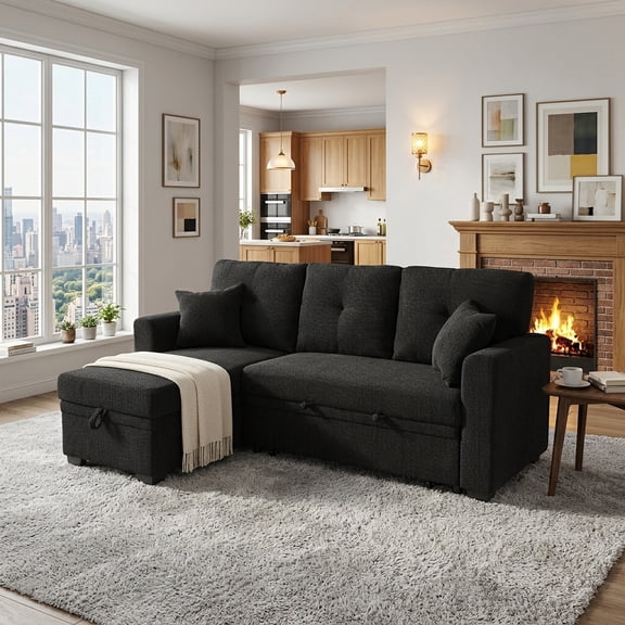 Muumblus Convertible Pull Out Sofa Bed, L-Shaped Sectional Sleeper Couch with Storage Chaise, Black Polyester