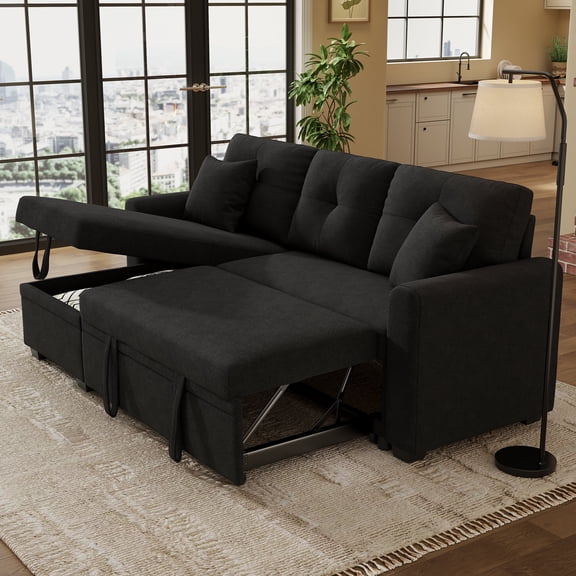 Muumblus Convertible Pull Out Sofa Bed, L-Shaped Sectional Sleeper Couch with Storage Chaise, Black Polyester