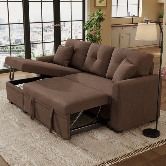 Muumblus Convertible Pull Out Sofa Bed, L-Shaped Sectional Sleeper Couch with Storage Chaise, Brown Polyester