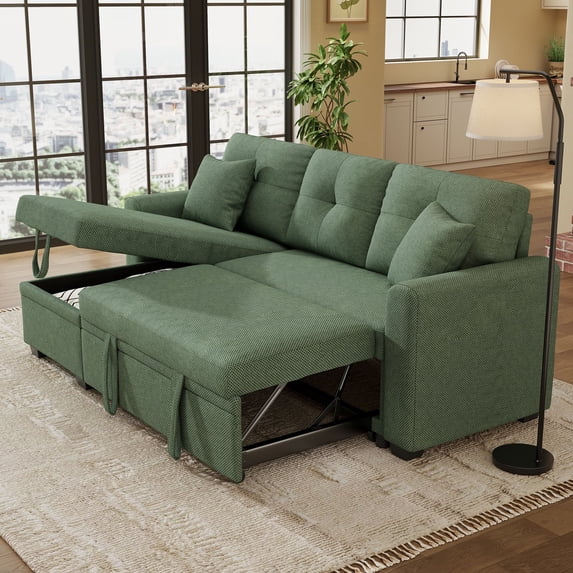 Muumblus Convertible Pull Out Sofa Bed, L-Shaped Sectional Sleeper Couch with Storage Chaise, Green Polyester