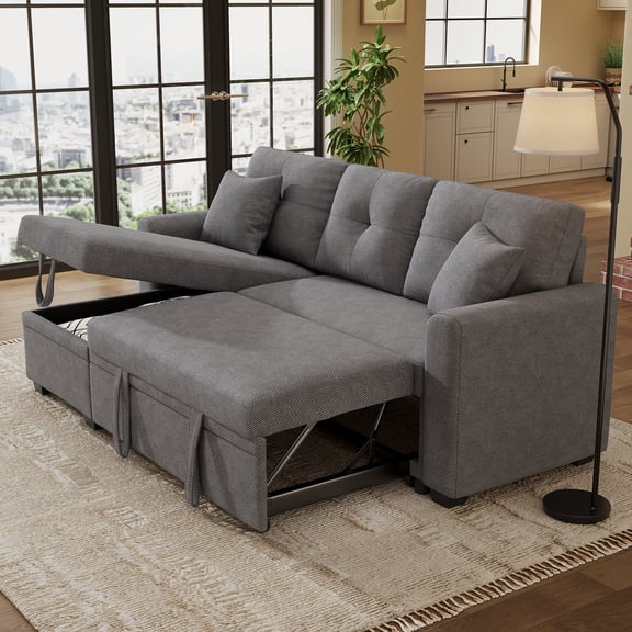 Muumblus Convertible Pull Out Sofa Bed, L-Shaped Sectional Sleeper Couch with Storage Chaise, Light Gray Polyester