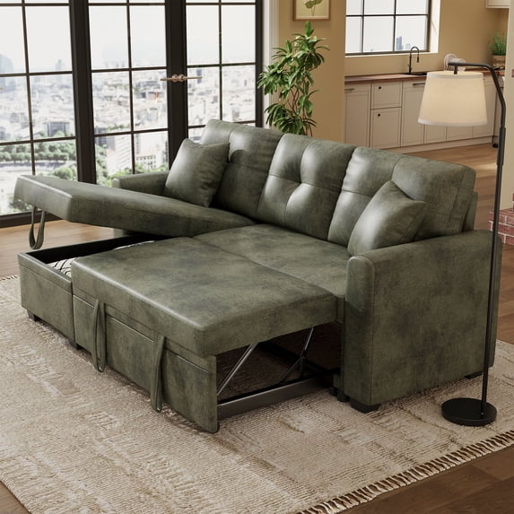 Muumblus Convertible Pull Out Sofa Bed, L-Shaped Sectional Sleeper Couch with Storage Chaise, Vintage Faux Leather Look, Green Polyester Fabric