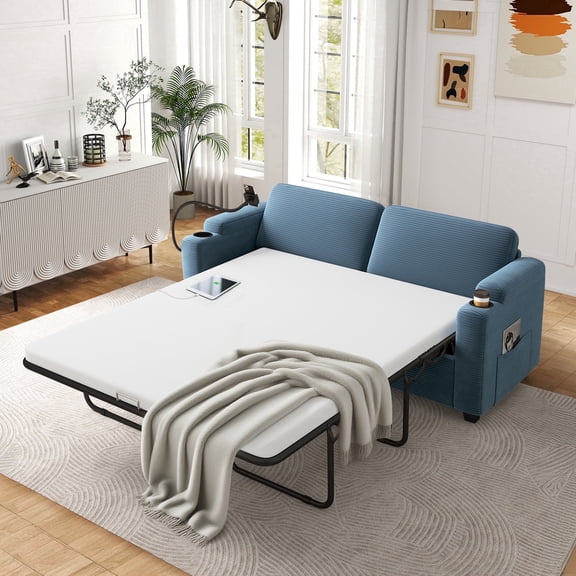 FFH 72.8" Sofa Bed, Pull Out Sofa Bed with Full Size Mattress, Corduroy Sleeper Sofa with USB Ports, Cup Holders, Side Pockets, Phone Holder, Loveseat Sleeper for Living Room, Blue
