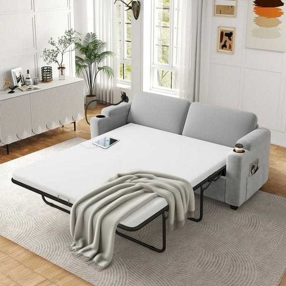 FFH Convertible Pull Out Sofa with USB Ports & Phone Holder, Upholstered Corduroy Sleeper Sofa with Side Pockets and Cup Holders, Loveseat Lounge Couch for Living Room, Gray