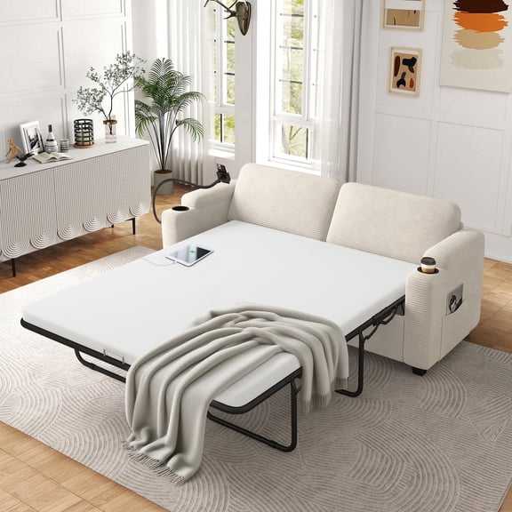 FFH 72.8" Sofa Bed, Pull Out Sofa Bed with Full Size Mattress, Corduroy Sleeper Sofa with USB Ports, Cup Holders, Side Pockets, Phone Holder, Loveseat Sleeper for Living Room, Beige