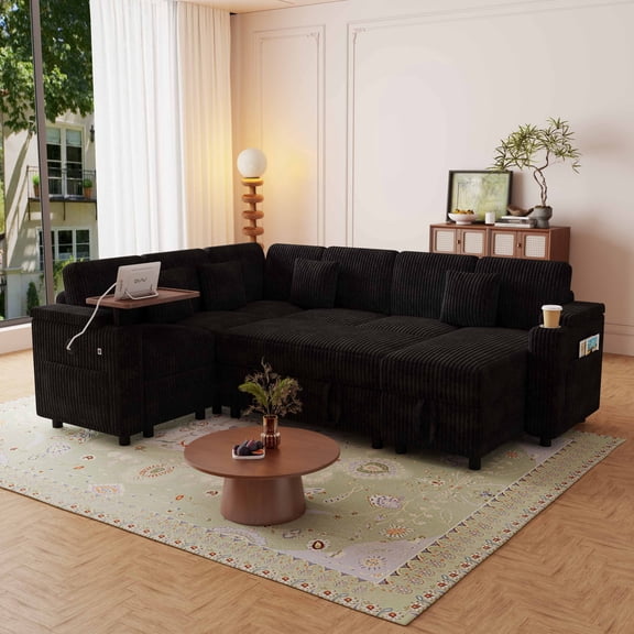 Muumblus Convertible Sectional Sleeper Sofa Bed with Side Table & Storage, Adjustable Back, Pull Out/Futon Corner Couch for Living Room, Black Corduroy