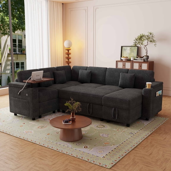 Muumblus Convertible Sectional Sleeper Sofa Bed with Side Table & Storage, Adjustable Back, Pull Out/Futon Corner Couch for Living Room, Dark Gray Corduroy