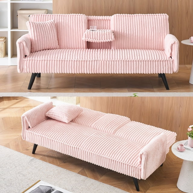 FFH Modern Corduroy Futon Sofa Bed with Adjustable Backrest,Convertible Loveseat Sleeper,Soft Couch with Drop-Down Table and Cup Holder for Living room,Pink