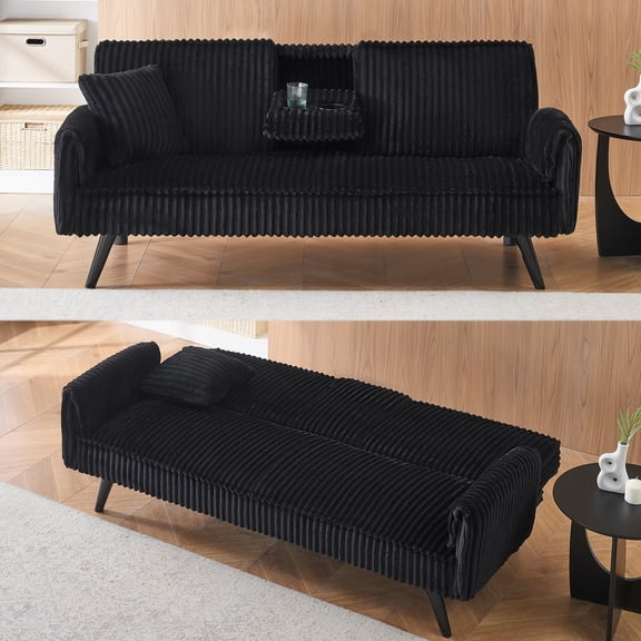 FFH Modern Corduroy Futon Sofa Bed with Adjustable Backrest,Convertible Loveseat Sleeper,Soft Couch with Drop-Down Table and Cup Holder for Living room,Black