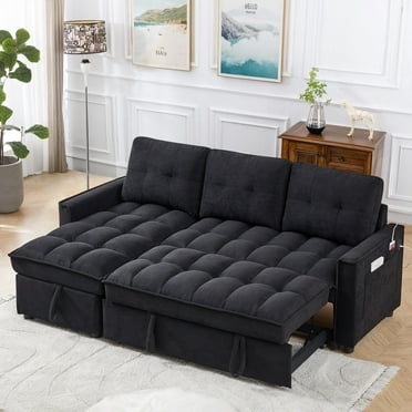 Muumblus Convertible Sofa Bed, Sectional Sleeper Sofa with Storage Chaise, L-Shaped Couch for Living Room, Black Chenille
