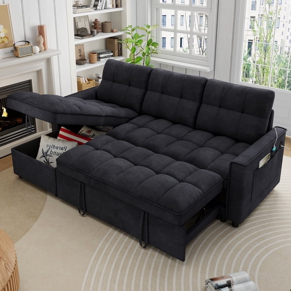 Muumblus Convertible Sofa Bed, Sectional Sleeper Sofa with Storage Chaise, L-Shaped Couch for Living Room, Black Chenille