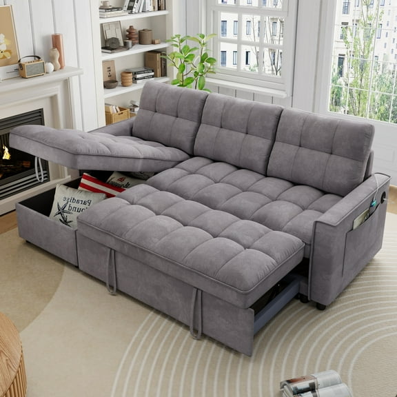 Muumblus Convertible Sofa Bed, Sectional Sleeper Sofa with Storage Chaise, L-Shaped Couch for Living Room, Dark Gray Chenille