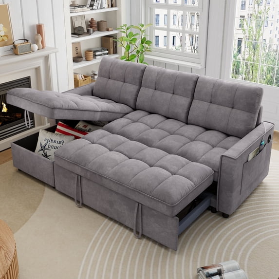 Muumblus Convertible Sofa Bed, Sectional Sleeper Sofa with Storage Chaise, L-Shaped Couch for Living Room, Dark Gray Chenille