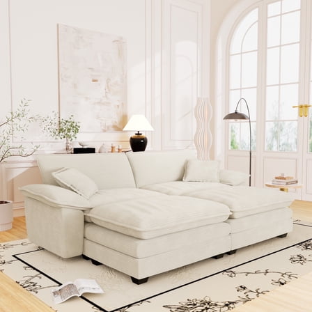 Muumblus Comfy Modular Sectional Sofa with 2 Ottoman, Deep Seat 80.5" Modern Oversized Corduroy Cloud Couch, Fluffy Deep Seat Chaise Lounge Sleeper Sofa for Living Room Apartment, White