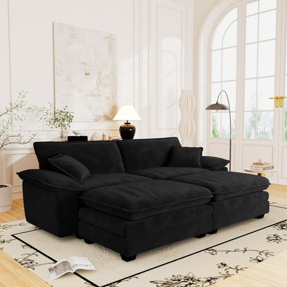 Muumblus Comfy Modular Sectional Sofa with 2 Ottoman, Deep Seat 80.5" Modern Oversized Corduroy Cloud Couch, Fluffy Deep Seat Chaise Lounge Sleeper Sofa for Living Room Apartment, Black