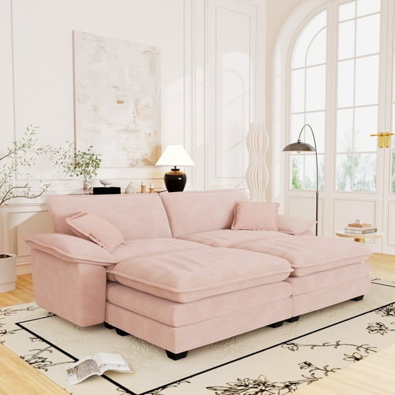 Muumblus Comfy Modular Sectional Sofa with 2 Ottoman, Deep Seat 80.5" Modern Oversized Corduroy Cloud Couch, Fluffy Deep Seat Chaise Lounge Sleeper Sofa for Living Room Apartment, Pink