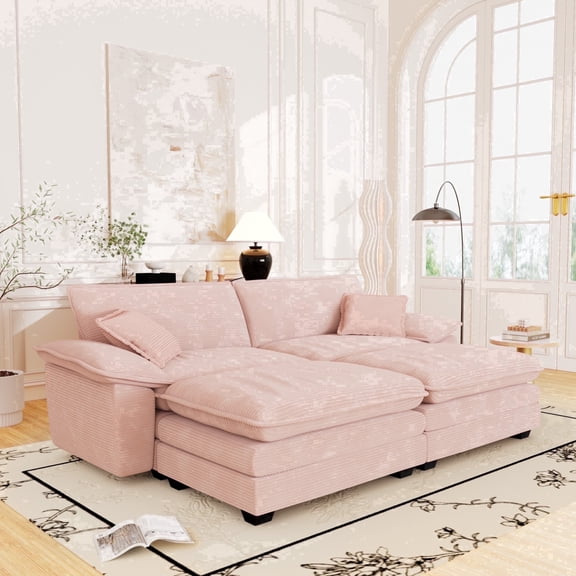 Muumblus Comfy Modular Sectional Sofa with 2 Ottoman, Deep Seat 80.5" Modern Oversized Corduroy Cloud Couch, Fluffy Deep Seat Chaise Lounge Sleeper Sofa for Living Room Apartment, Pink