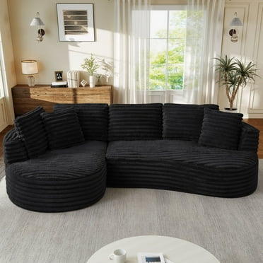 Muumblus Curved Sectional Sofa, Oversized L-Shaped Couch, Modern Corduroy Sleeper Couches for Living Room, Black (Chaise on Left)