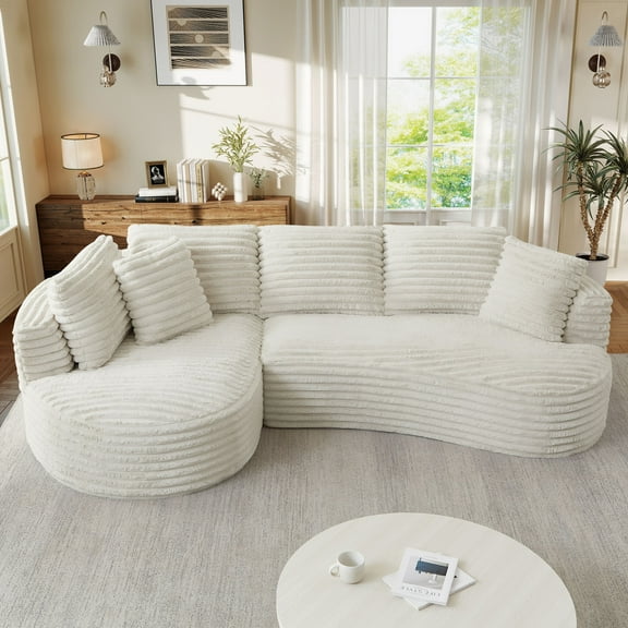 Muumblus Curved Sectional Sofa, Oversized L-Shaped Couch, Modern Corduroy Sleeper Couches for Living Room, Cream (Chaise on Left)