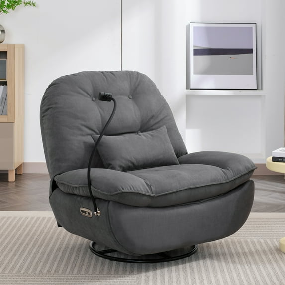 Muumblus Electric Recliner, Swivel Glider Recliner Chair With Bluetooth & USB Charger Port, Modern Leisure Swivel Rocking Chair for Living Room, Gray Linen