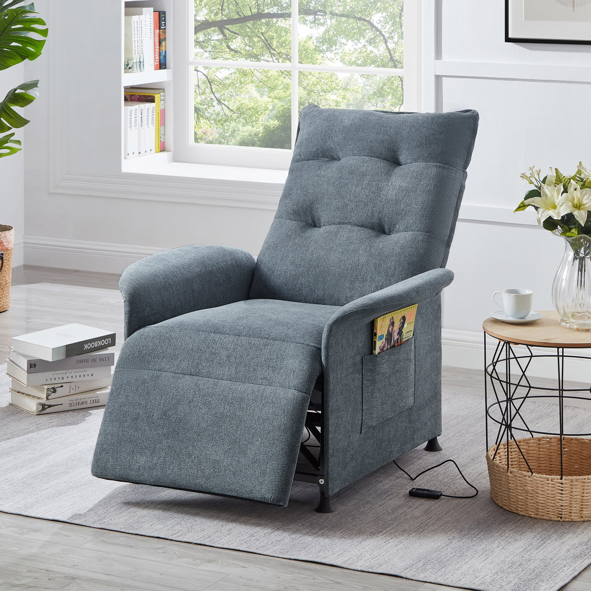 Muumblus Fabric Push Back Theater Recliner Chair with Footrest, Blue