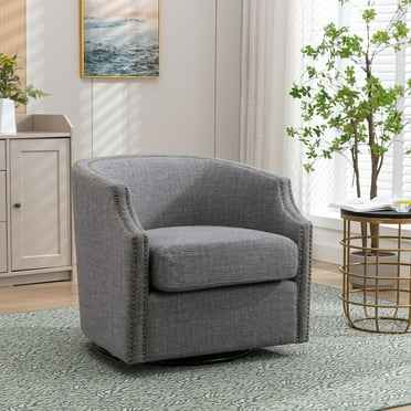 Muumblus Fabric Swivel Accent Barrel Chair for Living Room, Mid Century Glider Rocker, Club Chair Comfy Reading Round Armchair with Copper Nail Design, Gray