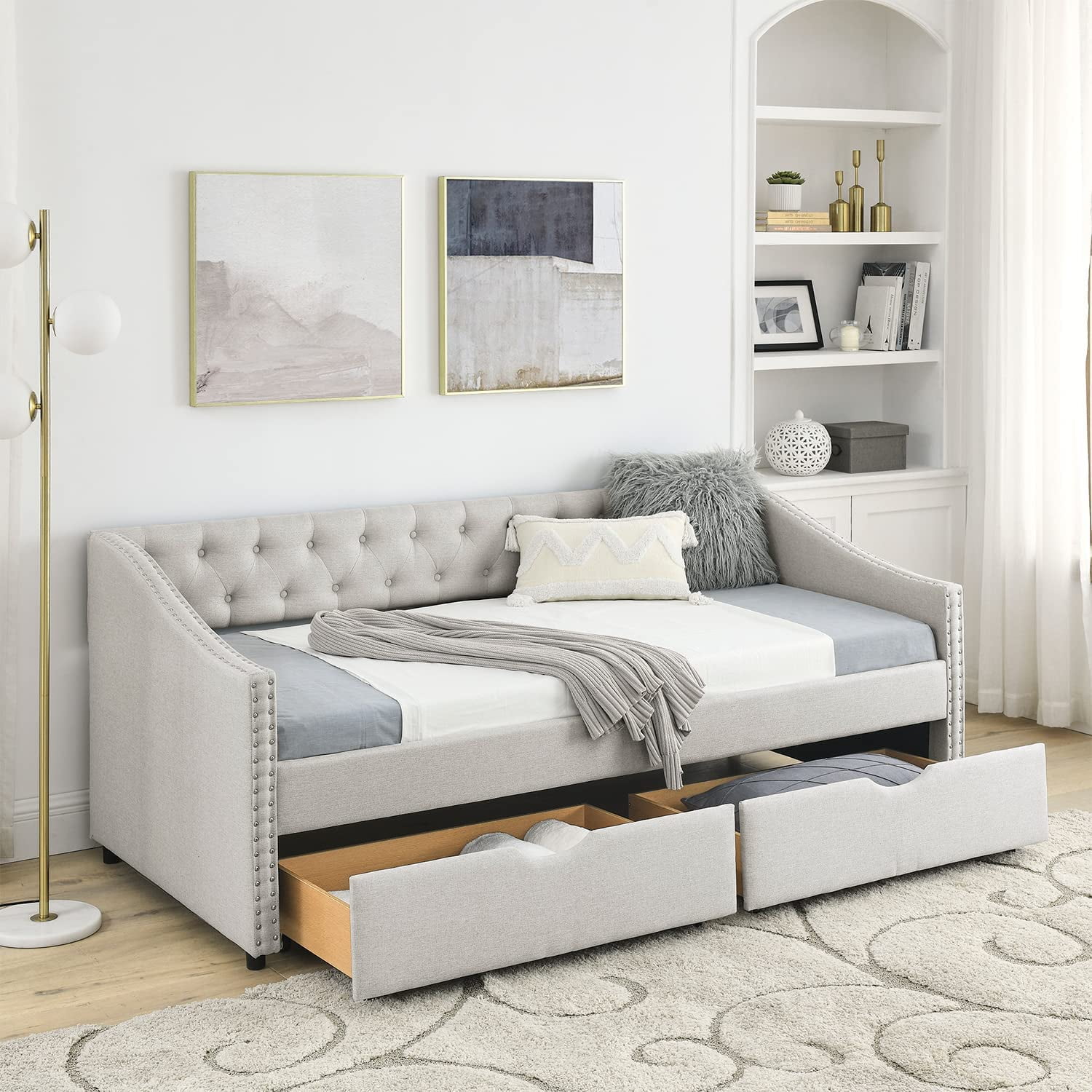 Muumblus Full Size Adult Daybed with Drawers， Modern Upholstered Tufted ...