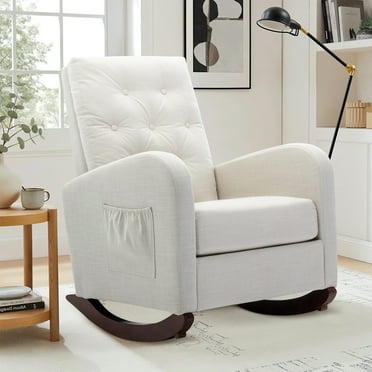 Muumblus Glider Rocker for Living Room, Rocking Chair for Nursery, Tufted High Back, Beige Linen