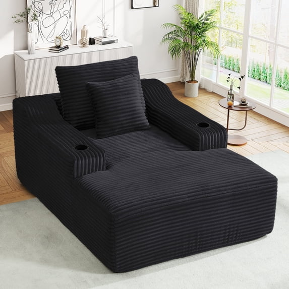 Muumblus Indoor Chaise Lounge Chair with Cup Holders, No Assembly Required, 67"D Oversized Deep Seat Cloud Couch, Corduroy Boneless Sleeper Sofa Bed for Livng Room, Black
