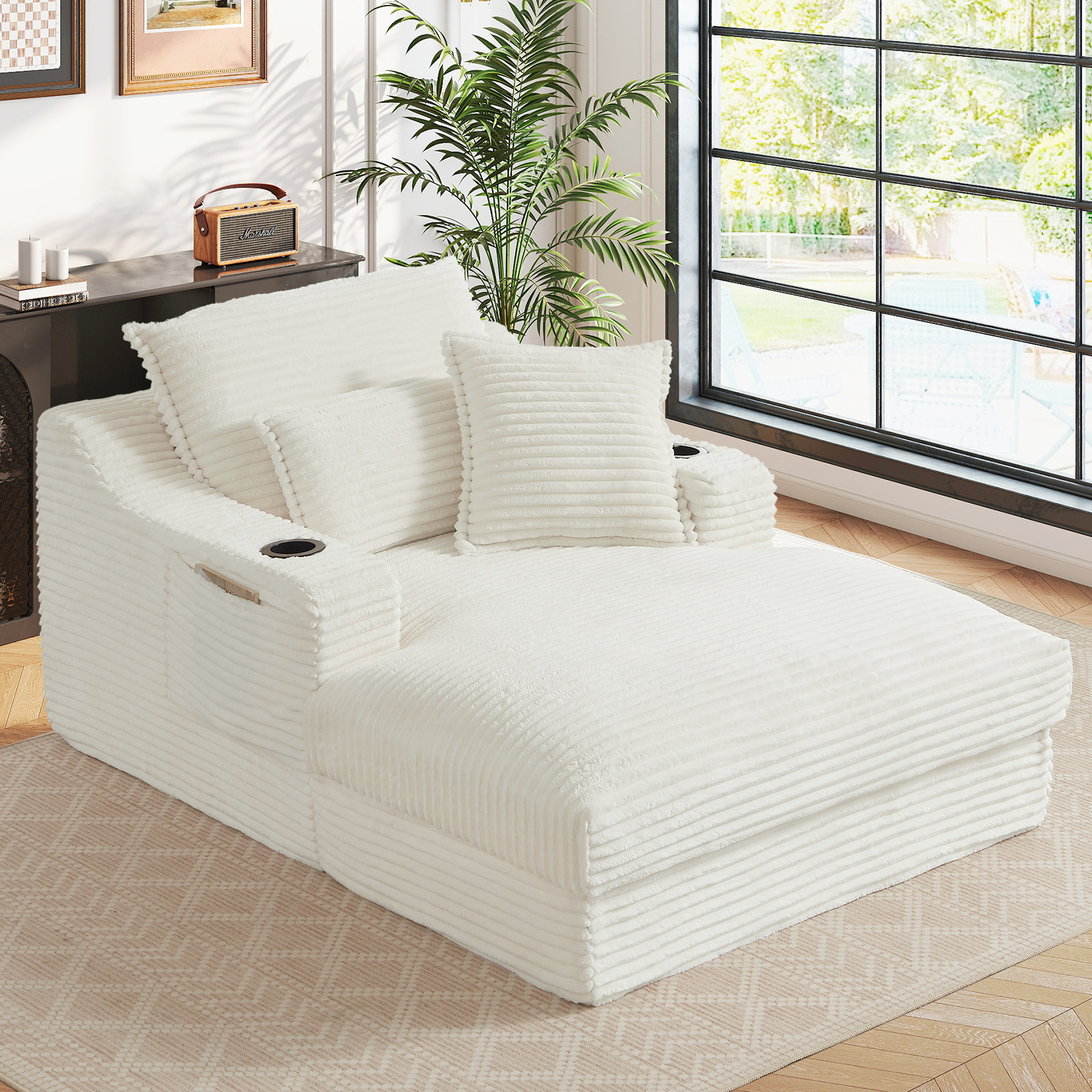 Muumblus Indoor Chaise Lounge Cup Holders Assembly Required Oversized Upholstered Lounge Chair Sofa Bed Living Room Bedroom Apt Beige Corduroy: What Stands Out on Walmart