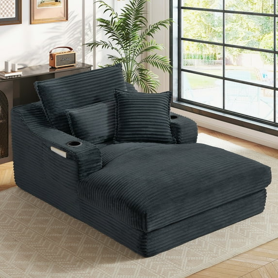 Muumblus Indoor Chaise Lounge with Cup Holders, No Assembly Required, Oversized Upholstered Lounge Chair Sofa Bed for Living Room, Bedroom, Apt., Gray Corduroy