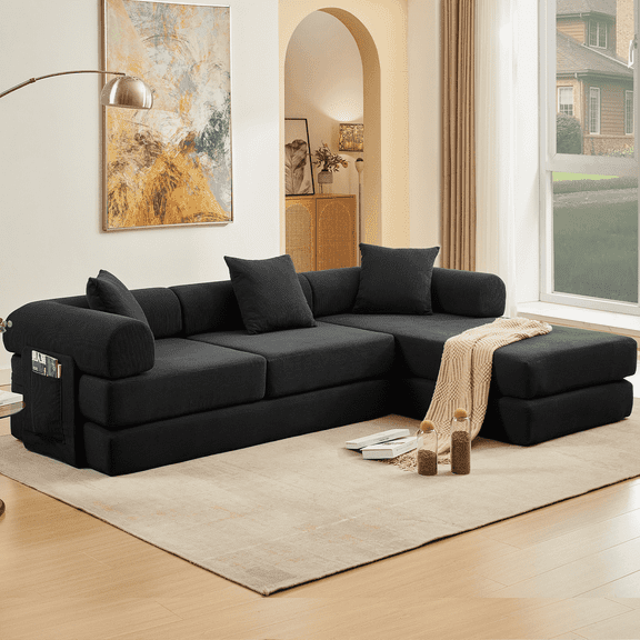 Muumblus L-Shape Convertible Floor Sofa Bed, Comfy Foldable Modular Sleeper Sectional Couch for Living Room, Bedroom, Black Corduroy