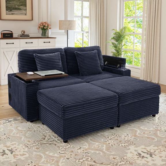 Muumblus Small Sectional Sofa with 2 Storage Ottomans, 2 Seater Cloud Couch with Bluetooth Speaker & Side Table, Modern Corduroy Sofa for Living Room, Gray