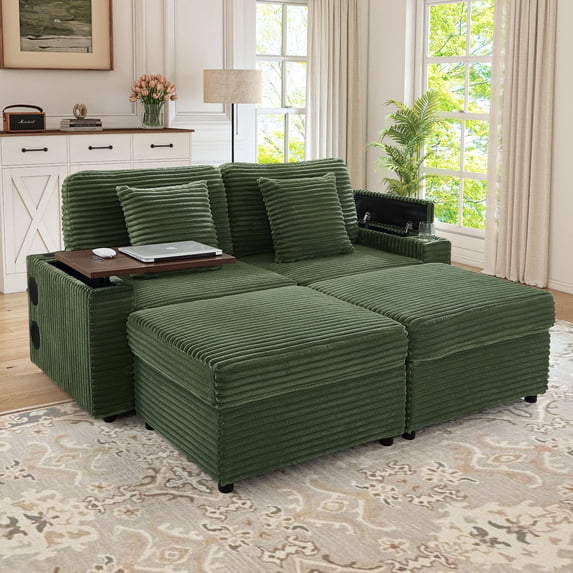 Muumblus Small Sectional Sofa with 2 Storage Ottomans, 2 Seater Cloud Couch with Bluetooth Speaker & Side Table, Modern Corduroy Sofa for Living Room, Green