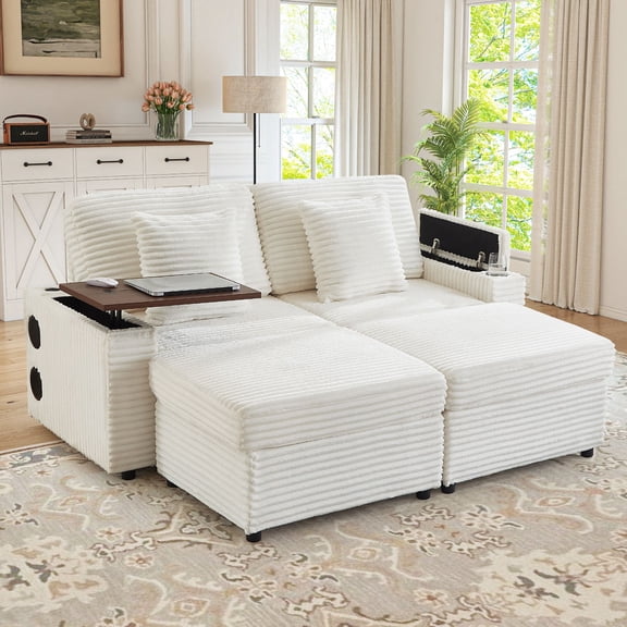 Muumblus Small Sectional Sofa with 2 Storage Ottomans, 2 Seater Cloud Couch with Bluetooth Speaker & Side Table, Modern Corduroy Sofa for Living Room, White
