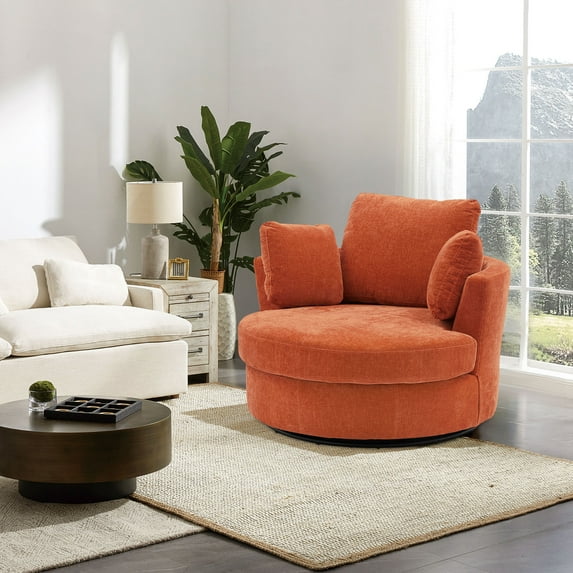 Muumblus Large Swivel Chair, Modern Oversize Lounge Accent Barrel Chair Comfy Round Reading Armchair for Living Room, Orange Red