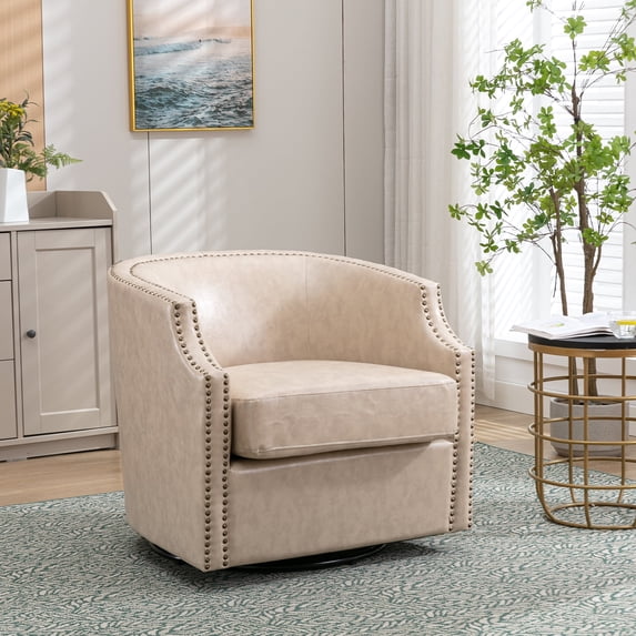 Muumblus Leather Swivel Accent Barrel Chair for Living Room, Mid Century Glider Rocker, Club Chair Comfy Reading Round Armchair with Copper Nail Design, Beige