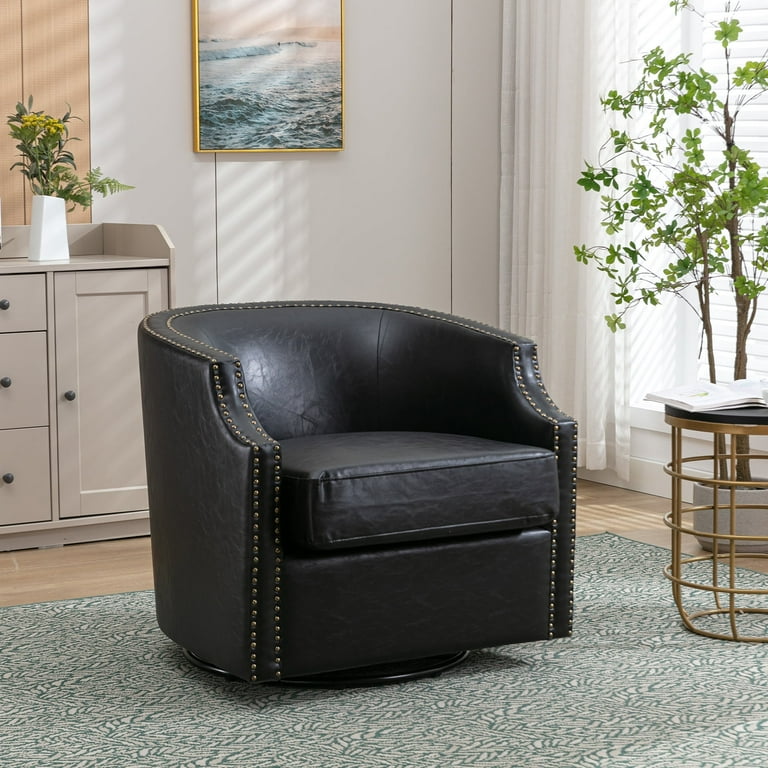 Muumblus Black Leather Swivel Accent Chair, Mid Century Glider