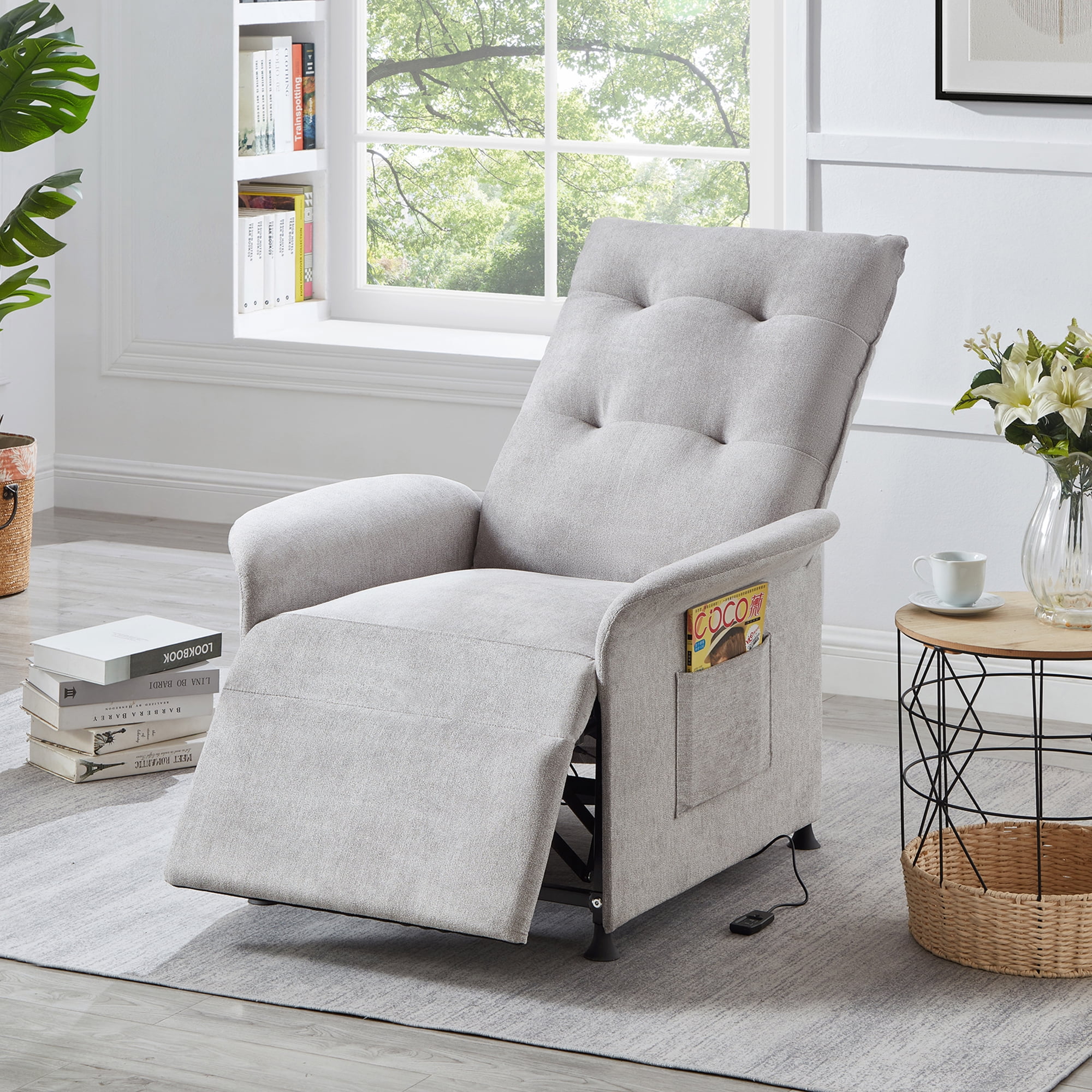 Muumblus Linen Fabric Reclining Theater Chair with Push Back Footrest Light Gray Walmart