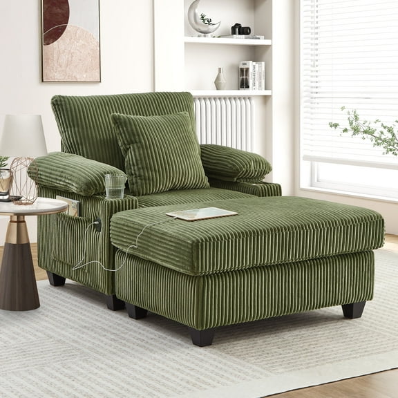Muumblus Living Room Chair with Ottoman, 7-Speed Adjustable Backrest, USB & Storage Arms, Cozy Indoor Corduroy Lounge Armchair, Green