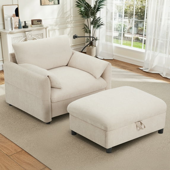 Muumblus Accent Chair with Storage Ottoman, Indoor Chaise Lounge Armchair with USB & Phone Stand, Beige Chenille