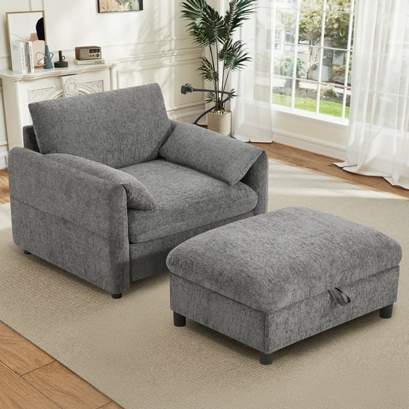 Muumblus Accent Chair with Storage Ottoman, Indoor Chaise Lounge Armchair with USB & Phone Stand, Gray Chenille