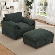 Muumblus Accent Chair with Storage Ottoman, Indoor Chaise Lounge Armchair with USB & Phone Stand, Green Chenille