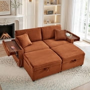 Muumblus Loveseat Sectional Sofa with 2 Storage Ottomans, Modular Cloud Couch with 2 Side Tables & USB, Plush Double Chaise Lounge Sofa Bed Indoor, Orange Cordu