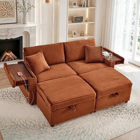 Muumblus Loveseat Sectional Sofa with 2 Storage Ottomans, Modular Cloud Couch with 2 Side Tables & USB, Plush Double Chaise Lounge Sofa Bed Indoor, Orange Corduroy