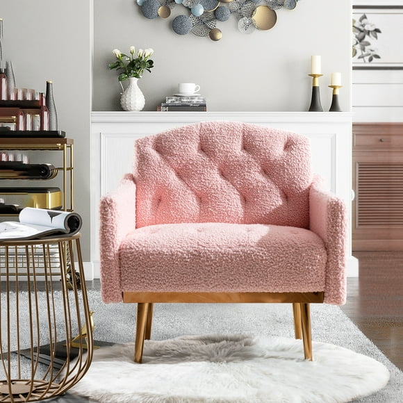 Muumblus Modern Accent Chair, Teddy Upholstered Single Sofa Chair Sherpa Arm Chair for Living Room and Bedroom, Comfy Armchair with Metal Legs, Pink