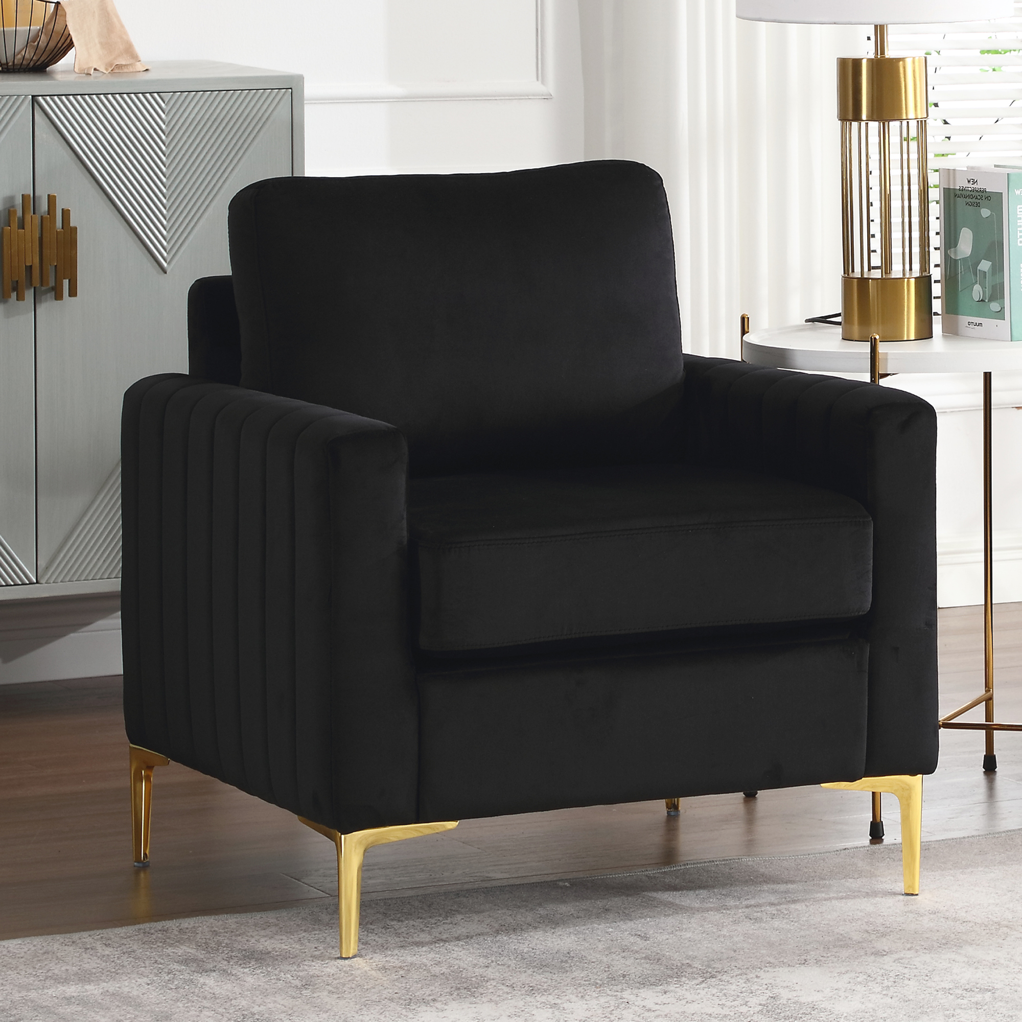 Muumblus Velvet Accent Chair, Comfy Single Sofa with Metal Legs, Black